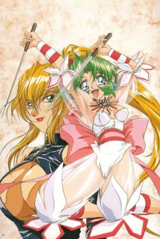 2girls :d armpits arms_up blonde_hair bloomers blue_eyes blunt_sidelocks bow breasts cleavage dagger dual_wielding earrings ellis_(toushinden) full_body green_eyes green_hair high_ponytail holding holding_dagger holding_knife holding_weapon huge_breasts jewelry kneeling knife leotard long_hair medium_breasts multiple_girls necklace open_mouth pink_bow ponytail ribbon scan see-through_clothes see-through_sleeves short_hair sidelocks smile sofia sofia_(toushinden) tamsoft toushinden underwear weapon white_leotard wrist_cuffs yokota_mamoru