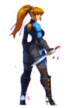 1girl ass bodysuit breasts dead_or_alive dead_or_alive_6 gloves high_heels highres kasumi_(doa) large_breasts long_hair long_sleeves looking_back petals ponytail serious sword tovio_rogers weapon