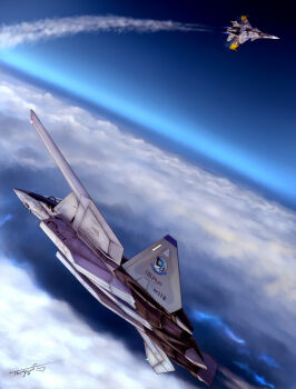 2boys above_clouds ace_combat ace_combat_04 aerial_battle afterburner aircraft airplane battle blue_sky canards canopy_(aircraft) cloud commentary_request contrail dogfight fighter_jet highres isaf military_vehicle mobius_1 multiple_boys roundel signature sky stratosphere su-37 thompson_(solowingfh) vehicle_focus x-02_wyvern yellow_13