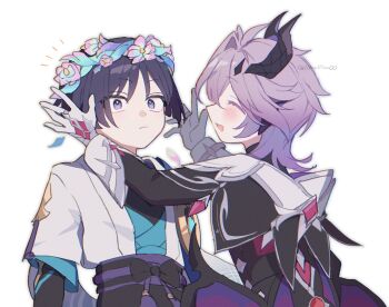 2boys alternate_headwear aqua_flower arm_at_side arms_up belt black_belt black_bodysuit black_bow black_bridal_gauntlets black_coat black_hair black_horns black_sleeves blue_gemstone blue_kimono blue_petals blue_sleeves blunt_ends blush bodysuit bow bridal_gauntlets bright_pupils closed_eyes closed_mouth coat collar colored_eyelashes commentary_request dragon_horns dragon_wings facing_another falling_petals flower flower_wreath gem genshin_impact gloves gold highres horns japanese_clothes juban kimono layered_sleeves lilaclilac00 long_sleeves looking_up mini_durin_(genshin_impact) mini_durin_(human)_(genshin_impact) multicolored_flower multiple_boys notice_lines open_clothes open_hands open_kimono open_mouth petals pink_flower pink_petals purple_eyes purple_hair purple_rope purple_sash purple_wings red_gemstone rope sash scaramouche_(genshin_impact) short_sleeves sideways_mouth tassel twitter_username vision_(genshin_impact) wanderer_(genshin_impact) white_collar white_gloves white_kimono white_pupils white_sleeves wide-eyed wings wispy_bangs