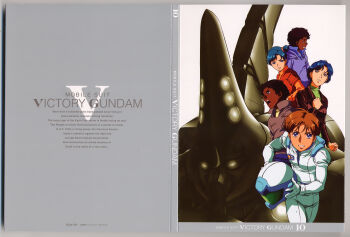 1990s_(style) 2girls 3boys absurdres artist_collaboration black_hair blue_eyes blue_hair box_art brown_hair character_request copyright_name earth_federation_space_forces elischa_kranskie english_text glowing glowing_eyes gundam helmet highres holding holding_unworn_helmet ishigaki_jun'ya karrel_massarik machinery martina_kranskie mecha_pilot_suit mobile_suit multiple_boys multiple_girls official_art ousaka_hiroshi retro_artstyle robot running_towards_viewer scan science_fiction space_helmet title tomache_massarik traditional_media unworn_headwear unworn_helmet uso_ewin victory_gundam zanneck zanscare