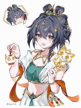1girl :d alternate_costume alternate_hairstyle artist_name bangle black_hair bracelet braid breasts chibi chibi_inset chinese_clothes commentary_request crop_top food green_shirt hair_between_eyes hair_intakes hair_ornament hair_rings highres holding holding_food honkai:_star_rail honkai_(series) jewelry looking_at_viewer midriff multiple_views navel necklace nirako_mona official_alternate_costume official_alternate_hairstyle open_mouth ring shirt side_braid simple_background small_breasts smile tanghua tanghulu twitter_username white_background yellow_eyes yunli_(emberblaze)_(honkai:_star_rail) yunli_(honkai:_star_rail)