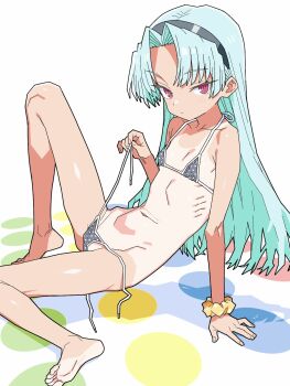 1girl aqua_hair barefoot bikini expressionless flat_chest hairband highres looking_at_viewer matuo3232 navel one-piece_tan open_clothes pink_eyes rance_(series) sengoku_rance shinobu_(rance) side-tie_bikini_bottom sitting solo swimsuit tan tanline untied_bikini