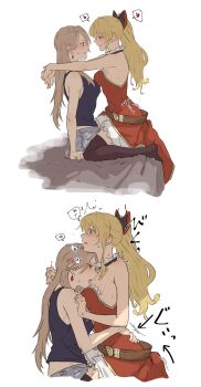 2girls armpits arms_around_neck bare_arms belt black_tank_top black_thighhighs blonde_hair blush breast_press breasts commentary_request dress ear_blush earrings granblue_fantasy grey_hair grey_shorts hands_on_another&#039;s_waist heart highres jewelry katalina_(granblue_fantasy) large_breasts long_hair miso-ha_(ukyuu) multiple_girls ponytail red_dress red_eyes shorts sitting sitting_on_lap sitting_on_person smile spoken_heart sweat tank_top thighhighs vira_(granblue_fantasy) white_background yuri