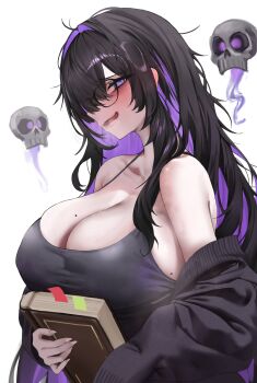 @_@ bare_shoulders black-framed_eyewear black_hair breasts colored_inner_hair commentary dress glasses goddess_of_victory:_nikke hair_over_eyes highres jacket jacket_partially_removed label_(nikke) large_breasts mikkom mole mole_on_breast multicolored_hair nervous_smile one_eye_covered purple_hair skull smile striped_clothes striped_dress symbol-only_commentary taut_clothes taut_dress veins veiny_breasts