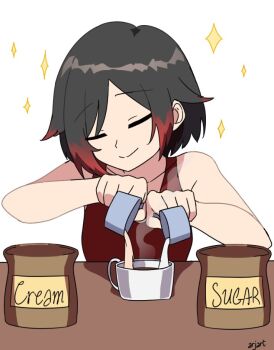 1girl ar_jart artist_name black_hair closed_mouth coffee coffee_mug cream cup gradient_hair measuring_cup mug multicolored_hair pouring red_hair red_tank_top ruby_rose rwby shirt short_hair smile sparkle granulated_sugar table tank_top white_shirt