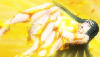 1girl anime_screenshot anne_(shokugeki_no_souma) blush closed_eyes completely_nude convenient_leg female_focus food_on_body green_eyes highres honey long_hair nose_blush nude open_mouth shokugeki_no_souma solo stitched teeth third-party_edit upper_teeth_only very_long_hair yellow_background