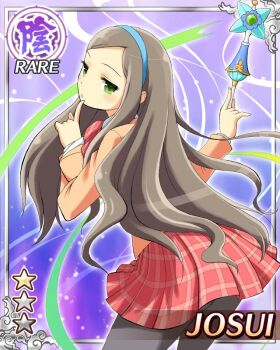 1girl :o aura black_pantyhose blue_hairband border bow bowtie breasts brown_hair card_(medium) character_name english_text finger_to_cheek game_cg green_eyes hairband holding holding_wand jacket josui_(senran_kagura) large_breasts leaning_forward long_hair long_sleeves looking_at_viewer looking_back official_alternate_costume official_art orange_jacket pantyhose plaid_bow plaid_bowtie plaid_clothes plaid_skirt red_bow red_bowtie red_skirt school_uniform senran_kagura senran_kagura_new_wave shirt skirt solo swept_bangs wand white_shirt