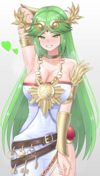 1girl absurdres arm_behind_head armlet armpits bare_shoulders belt bracer breasts brown_belt cleavage collarbone commentary_request cowboy_shot dress green_eyes green_hair grey_hair grin heart highres jewelry kid_icarus kid_icarus_uprising large_breasts long_hair looking_at_viewer meipasuye neck_ring necklace nintendo palutena parted_bangs smile solo standing strapless strapless_dress very_long_hair white_dress