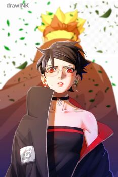 1boy 1girl absurdres artist_name black_choker black_cloak black_hair black_headband black_jacket black_tube_top blonde_hair blurry blurry_background boruto:_two_blue_vortex breasts choker cloak collarbone commentary drawink earrings glasses headband highres jacket jewelry konohagakure_symbol leaf mangekyou_sharingan naruto_(series) off_shoulder parted_lips red_eyes red_lips rimless_eyewear sharingan short_hair small_breasts strapless tube_top uchiha_sarada uchiha_symbol uzumaki_boruto