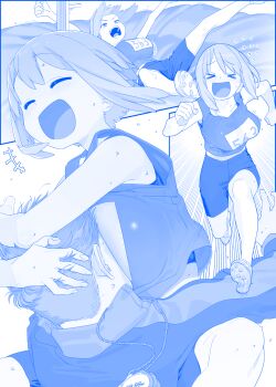 Rule 34 | > <, 1boy, 1girl, blue theme, blush, breast smother, breasts, cleats, commentary request, face to breasts, flying sweatdrops, getsuyoubi no tawawa, highres, himura kiseki, large breasts, nose blush, open mouth, rikujou-bu-chan (tawawa), round teeth, running, short hair, shorts, stopwatch, teeth, watch