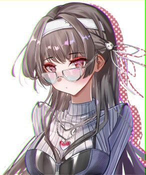 1girl absurdres alternate_costume alur_(wwpt2342) bespectacled black_hair breasts chisa_(wuthering_waves) chromatic_aberration closed_mouth commentary glasses grey_shirt hair_ornament hair_ribbon hairband heart heart_necklace heavy_chromatic_aberration highres jewelry large_breasts long_hair looking_at_viewer necklace red_eyes ribbon shirt solo turtleneck turtleneck_shirt upper_body white_hairband white_ribbon wuthering_waves