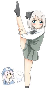 2girls ankle_socks black_bow black_hairband black_socks blue_eyes blue_kimono bow collared_shirt commentary_request dot_nose embarrassed feet_out_of_frame green_skirt green_vest hair_between_eyes hairband hat highres japanese_clothes kimono konpaku_youmu konpaku_youmu_(ghost) looking_up mob_cap multiple_girls no_shoes pleated_skirt saigyouji_yuyuko shirt shishiky short_hair simple_background skirt smile socks split standing standing_on_one_leg standing_split sweat thighs touhou triangular_headpiece vest white_background white_shirt