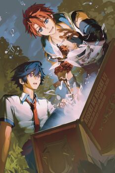 Rule 34 | 2boys, adol christin, beamed eighth notes, black hair, blue eyes, box, crossover, double-parted bangs, eighth note, eiyuu densetsu, english text, fairy, fingerless gloves, gloves, hair between eyes, highres, hood, hoodie, multiple boys, musical note, necktie, night, night sky, official art, outdoors, purple eyes, quarter note, rean schwarzer, red hair, red necktie, school uniform, sen no kiseki (series), sen no kiseki i, short sleeves, sky, smile, ys, ys x: nordics, yusaazusa