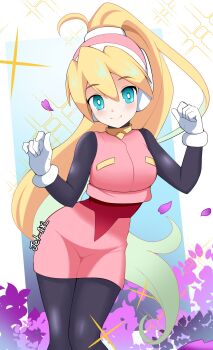 1girl black_bodysuit blonde_hair blue_eyes bodysuit ciel_(mega_man) high-waist_skirt high_ponytail highres jetaxl_tanuki long_hair mega_man_(series) mega_man_zero_(series) pink_hair pink_skirt ponytail skirt solo