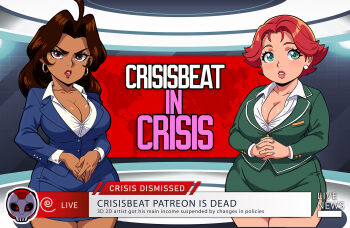 2girls 3d breasts brown_eyes brown_hair cleavage commentary crisisbeat dark-skinned_female dark_skin earrings english_commentary english_text green_eyes green_jacket hoop_earrings jacket jewelry large_breasts long_hair miniskirt multiple_girls original own_hands_clasped own_hands_together pink_lips red_hair red_lips shirt short_hair side_slit skirt taut_clothes taut_skirt thick_thighs thighs white_shirt