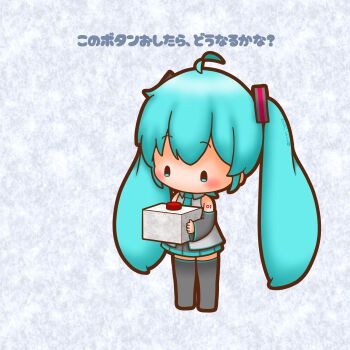 Rule 34 | 1girl, absurdres, ahoge, aqua hair, boots, commentary request, detached sleeves, full body, hatsune miku, highres, holding, long hair, long sleeves, miniskirt, pleated skirt, red button, sh1n chan, skirt, solo, standing, thick outlines, thigh boots, twintails, very long hair, vocaloid