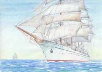 blue_sky boat commentary_request day horizon ocean original outdoors painting_(medium) paruperu people sailboat scenery ship sky traditional_media watercolor_(medium) watercraft