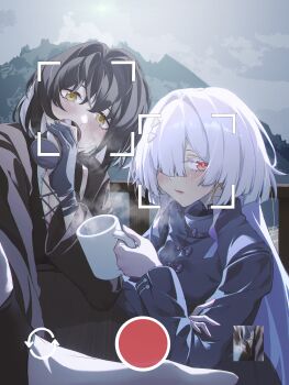 2girls absurdres alternate_costume black_gloves black_hair black_jacket breasts can chinese_commentary cleavage colored_eyelashes commentary_request cup drink_can drinking earrings fake_phone_screenshot fake_screenshot female_rover_(wuthering_waves) gloves grey_hair hair_intakes hair_ornament hair_over_one_eye hakusama233 highres holding holding_can holding_cup jacket jewelry light_blush long_hair looking_at_viewer medium_breasts mornye_(wuthering_waves) multiple_girls outdoors parted_lips purple_jacket red_eyes rover_(wuthering_waves) triangle_earrings wuthering_waves yellow_eyes
