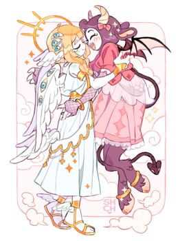 2girls above_clouds angel angel_and_devil angel_wings animal_ears anklet bare_shoulders black_hood black_wings blonde_hair blue_eyes blush bow bracelet claws closed_eyes closed_mouth cloud colored_skin commentary cow_ears cow_girl cow_horns demon_girl demon_tail demon_wings dress english_commentary extra_eyes eyes_on_body fangs feathered_wings feathers fishnet_gloves fishnets gloves gold gold_trim green_skin hair_bow hair_ornament halo head_wings highres hooves horns jewelry layered_skirt low_wings multiple_girls multiple_wings open_mouth original pink_bow pink_clouds pink_dress pink_skirt pink_sky pink_wings sandals see-through_skirt_layer sharpycharot shoulder_blush skirt sky smile sparkle tail white_dress white_feathers white_skin white_wings winged_footwear wings yellow_halo yuri