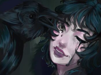 9el9684 animal_focus bird black_blood black_eyes black_hair blood bloody_tears close-up commentary english_commentary grin head_tilt jet_(shadow_slave) looking_at_viewer one_eye_closed parted_lips portrait shadow_slave short_hair smile