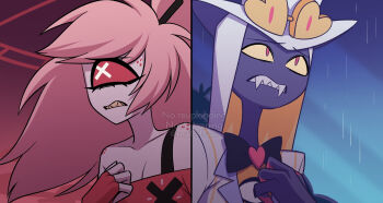 1boy 1girl back-to-back bare_shoulders black_bow black_bowtie black_skin blonde_hair blue_sky body_freckles bow bowtie breasts brooch cherri_bomb cleavage clenched_teeth collarbone colored_sclera colored_skin colored_teeth column_lineup commentary_request cyclops fangs fewer_digits fingerless_gloves freckles gloves goggles goggles_on_head hair_tie hand_on_own_chest hand_up hat hazbin_hotel heart heart_brooch hellaverse high_ponytail highres jacket jewelry long_hair looking_up menma_(enaic31) multicolored_hair multicolored_jacket off-shoulder_shirt off_shoulder one-eyed outdoors pink_hair ponytail rain raised_inner_eyebrows red_gloves red_sclera red_shirt red_sky sharp_teeth shirt shoulder_freckles simple_background sir_pentious sir_pentious_(angel) sky striped_clothes striped_jacket swept_bangs teeth top_hat traditional_bowtie twitter_username two-tone_hair two-tone_jacket upper_body vertical-striped_clothes vertical-striped_jacket watermark white_eyes white_hair white_hat white_jacket white_skin wind yellow_jacket yellow_sclera yellow_teeth