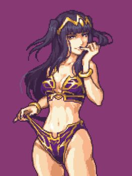 1girl baldur&#039;s_gate baldur&#039;s_gate_3 bikini bikini_pull black_hair bracelet breasts circlet cleavage clothes_pull cosplay cowboy_shot dungeons_&amp;_dragons dungeons_&amp;_dragons fire_emblem fire_emblem_awakening glaceo highleg highleg_bikini jewelry large_breasts long_hair nintendo pixel_art pulling_own_clothes purple_background purple_bikini shadowheart_(baldur&#039;s_gate) shadowheart_(baldur&#039;s_gate)_(cosplay) simple_background solo swimsuit tharja_(fire_emblem) tiara