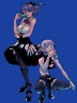 2girls absurdres bare_shoulders black_pantyhose black_shorts black_skirt black_thighhighs blue_background blue_eyes braid breasts can cleavage commentary creator_connection crossover dagashi_kashi full_body grin highres holding holding_can looking_at_viewer medium_breasts multiple_girls nanakusa_nazuna_(yofukashi_no_uta) navel pantyhose purple_hair shidare_hotaru short_hair shorts simple_background skirt smile thighhighs tsuya_curry watch white_hair wristwatch yofukashi_no_uta