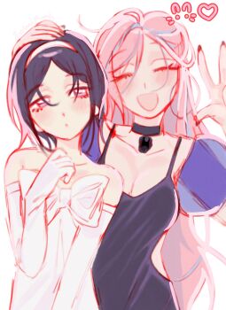 2girls alien_stage black_choker black_dress black_hair bow breasts chest_bow choker cleavage closed_eyes commentary dress dress_bow elbow_gloves english_commentary gloves hairband hand_on_another&#039;s_head heart highres mizi_(alien_stage) multiple_girls open_mouth pink_hair pirasa_(everlandroads) prototype_design purple_eyes short_hair sleeveless sleeveless_dress strapless strapless_dress sua_(alien_stage) w white_bow white_gloves white_hairband