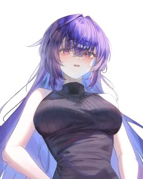Rule 34 | 1girl, absurdres, alternate costume, bare shoulders, breasts, colored inner hair, commentary, english commentary, hair between eyes, highres, honkai (series), honkai impact 3rd, jinnnnnn23, large breasts, long hair, multicolored eyes, multicolored hair, parted lips, purple eyes, purple hair, raiden mei, sidelocks, sleeveless, teeth, turtleneck, two-tone eyes, upper body, upper teeth only, very long hair, white background
