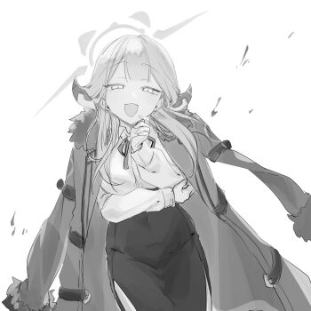 1girl aru_(blue_archive) blue_archive blunt_bangs coat halo hand_on_own_chin highres horns inotukuhito long_hair looking_at_viewer monochrome open_mouth pencil_skirt ribbon skirt smug white_background