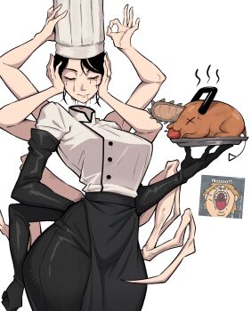 1boy 1girl absurdres arthropod_limbs black_tears blood blood_drip bloody_tears chainsaw chainsaw_man chef chef_hat closed_eyes cowboy_shot death demon denji_(chainsaw_man) disembodied_head extra_arms falling_devil_(chainsaw_man) flat_top_chef_hat hat highres holding holding_detached_head long_arms long_hair meme ok_sign open_mouth pochita_(chainsaw_man) pull_cord severed_head solo white_background wott x_x