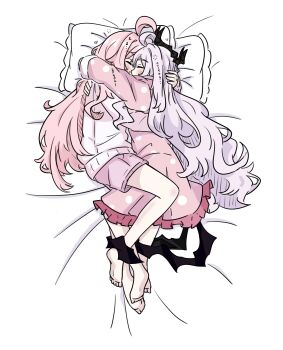 2girls alternate_costume barefoot black_horns black_wings blue_archive closed_eyes commentary_request demon_girl demon_horns demon_wings dress e_v_e_neko frilled_pillow frills grey_hair highres hina_(blue_archive) hina_(pajamas)_(blue_archive) horns hoshino_(blue_archive) hug long_hair lying multiple_girls official_alternate_costume on_side pajamas pillow pink_dress pink_hair pink_pajamas pink_shorts shirt short_shorts shorts sleeping soles toes translated wavy_hair white_shirt wings yuri zzz