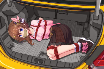 1girl absurdres arms_behind_back bdsm blue_eyes bondage bound bound_ankles bound_arms bound_legs brown_hair car car_trunk duct_tape full_body gag gagged hair_ornament highres hololive kidnapping looking_at_viewer lying meitoku motor_vehicle on_side red_rope rope shibari shibari_over_clothes solo star_(symbol) tokino_sora