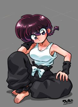 1girl barefoot blue_eyes braid genderswap genderswap_(mtf) no_bra ranma-chan ranma_1/2 red_hair saotome_ranma single_braid solo tank_top wristband
