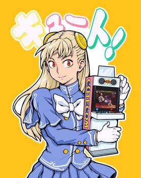 1girl arcade_cabinet blonde_hair controller game_boy game_console gloves hairpods handheld_game_console holding ingrid_(capcom) joystick long_hair miniature nintendo playing_games product_placement red_eyes saigados skirt smile solo street_fighter street_fighter_zero_(series) video_game white_gloves