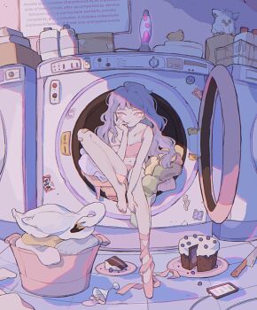 1girl animal ballet_slippers bandaid bandaid_on_knee bandaid_on_leg bird box cake cellphone charging cup drinking_glass english_text female_focus food furby goose knife laundry_basket lava_lamp navel original panties phone pink_panties plate purple_hair ronoh_(jill) shoes single_shoe sitting smartphone solo sticker strap_slip tile_floor tiles underwear washing_machine wavy_hair wine_glass