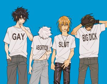 4boys absurdres black_hair blonde_hair blue_background brown_hair cigarette death_note denim floatyart gloves goggles highres jeans jewelry l_(death_note) matt_(death_note) mello_(death_note) multiple_boys near_(death_note) necklace pale_skin pants shirt short_hair v white_hair white_shirt