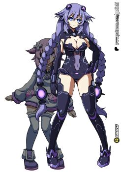 blue_eyes braid breasts choker cleavage cleavage_cutout clothing_cutout commentary d-pad d-pad_hair_ornament drawstring emblem english_commentary gloves godichi hair_ornament highres hood hoodie leotard long_hair medium_breasts neon_trim neptune_(neptunia) neptune_(series) open_mouth power_symbol power_symbol-shaped_pupils purple_eyes purple_hair purple_heart_(neptunia) short_hair sidelocks smile symbol-shaped_pupils twin_braids usb white_choker