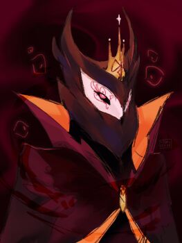 1boy black_cloak black_sclera cloak colored_sclera commentary crown demon_boy furry furry_male gold_crown hellaverse helluva_boss owl_boy paimon_(helluva_boss) red_eyes solo symbol-only_commentary vvvilkeyyy
