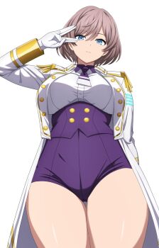 1girl blue_eyes breasts brown_hair commentary_request feet_out_of_frame gloves gridman_universe highres jacket large_breasts leotard looking_at_viewer mujina neck noshimurin purple_leotard short_hair simple_background solo ssss.dynazenon standing white_background white_gloves white_jacket