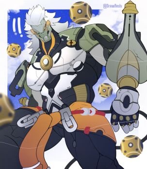 ! !! 1boy banyue_(zenless_zone_zero) bara blue_sky closed_mouth cloud cloudy_sky drawreshi english_text grey_hair highres looking_at_viewer looking_down male_focus muscular muscular_male orb robot_boy sky sweatdrop zenless_zone_zero