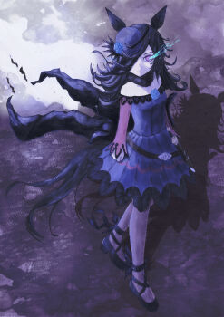 1girl absurdres animal_ears bare_shoulders black_shoes black_thighhighs blue_dress blue_flower blue_hat blue_rose breasts brown_hair closed_mouth commentary_request dagger dress eye_trail flipped_hair flower fur_choker hair_over_one_eye hat hat_flower highres horse_ears horse_girl horse_tail knife light_trail long_hair long_sleeves off-shoulder_dress off_shoulder purple_eyes rice_shower_(rosy_dreams)_(umamusume) rice_shower_(umamusume) rose sheath sheathed shoes small_breasts solo tail thighhighs tilted_headwear umamusume user_evvd8444 weapon