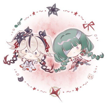 2girls :| ahoge asymmetrical_legwear bandage_over_one_eye black_flower black_pantyhose black_streaks blake_bloom_(wuthering_waves) bracelet braid c: camellya_(wuthering_waves) cat chibi chibi_only chinese_commentary closed_mouth commentary_request crossed_bangs double-parted_bangs dress earrings expressionless flower flower_on_chest green_hair grey_eyes hair_flower hair_intakes hair_ornament jewelry light_blush low_twin_braids multi-tied_hair multicolored_hair multiple_girls no_eyebrows one_eye_covered outstretched_arms pantyhose phrolova_(wuthering_waves) red_background red_flower second-party_source shishilu short_twintails single_earring single_leg_pantyhose sleeveless sleeveless_dress smile solid_oval_eyes spider_lily spread_arms streaked_hair treble_clef twin_braids twintails two-tone_hair uneven_legwear white_background white_dress white_hair white_pantyhose wuthering_waves