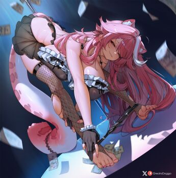 1girl animal_ears banknote black_bra black_gloves black_panties black_skirt bra breasts commentary double-parted_bangs english_commentary extra_ears feet fishnet_thighhighs fishnets frilled_bra frills frontbend gloves grabbing_own_leg greatodoggo highres hololive hololive_english huge_breasts long_hair looking_at_viewer miniskirt money motion_blur nail_polish paid_reward_available panther_ears panther_girl panther_tail panties panty_pull partially_fingerless_gloves pink_hair pink_nails pole raora_panthera see-through_clothes see-through_skirt sidelocks skirt soles stirrup_legwear stripper_pole tail thighhighs toeless_legwear toenail_polish toenails toes torn_clothes torn_thighhighs underwear very_long_hair virtual_youtuber white_streaks yellow_eyes