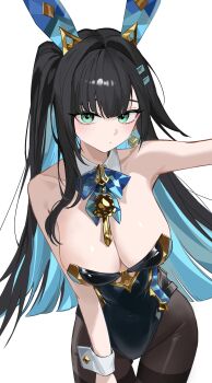 1girl abigail_(black_survival) abigail_(poker_face)_(black_survival) absurdres animal_ears armpits bare_shoulders black_hair black_leotard black_pantyhose black_survival blue_bow blue_hair bow bowtie breasts cleavage closed_mouth clothing_cutout collarbone colored_inner_hair commentary covered_navel cutout_above_navel detached_collar dice dice_earrings earrings eternal_return:_black_survival fake_animal_ears green_eyes hair_intakes hair_ornament hairclip highres jewelry large_breasts leotard light_blush long_hair looking_at_viewer multicolored_hair official_alternate_costume pantyhose parallel_hairclips playboy_bunny rabbit_ears seueo sidelocks simple_background single_earring solo standing strapless strapless_leotard thighband_pantyhose thighs very_long_hair white_background white_wrist_cuffs wrist_cuffs
