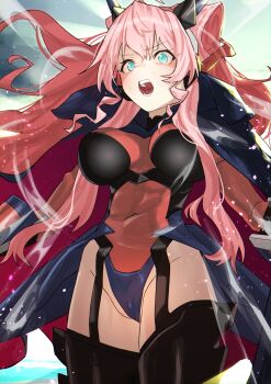 1girl armor blue_eyes breasts cleavage hair_between_eyes haishima_xv headgear highres large_breasts leotard long_hair looking_at_viewer maria_cadenzavna_eve navel open_mouth pink_hair power_armor senki_zesshou_symphogear solo undersuit very_long_hair