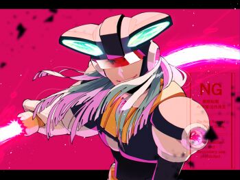 1boy armor assault_visor black_armor black_helmet blue_hair double_blade double_bladed_lightsaber dynamo_(mega_man) energy_sword helmet holding holding_sword holding_weapon lightsaber long_hair male_focus mega_man_(series) mega_man_x_(series) red-tinted_eyewear red_background simple_background solo sword sznami129 tinted_eyewear watermark weapon