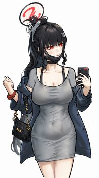 1girl absurdres bag bing_huyue black_hair blue_archive breasts cellphone cleavage covered_navel dongtan_dress dress grey_dress hair_ornament hairclip halo handbag highres holding holding_phone jacket jewelry large_breasts long_hair mask mask_pull mole mole_on_breast mouth_mask official_alternate_costume phone ponytail red_nails ring rio_(blue_archive) simple_background smartphone smile solo very_long_hair white_background