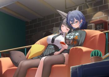 2girls animal_ear_fluff animal_ears aqua_jacket arm_out_of_sleeve belle_(zenless_zone_zero) belt black_hair black_necktie black_shirt black_skirt blue_eyes blue_hair breasts brown_pantyhose cactus cellphone closed_eyes couch cowboy_shot crossed_bangs earrings fox_ears fox_girl hair_between_eyes head_on_another&#039;s_shoulder high-waist_skirt highres hino_kagutsuki holding holding_hands holding_phone hoshimi_miyabi indoors jacket jewelry long_hair looking_at_phone medium_breasts multiple_girls necklace necktie on_couch open_mouth orange_nails pantyhose phone pillow plant potted_plant print_shirt shirt shirt_tucked_in short_hair single_thighhigh sitting skirt thighhighs white_shirt yuri zenless_zone_zero